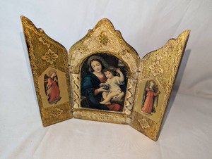 Vintage Florentia Italian Madonna & Child Folding Triptych  Gold & Ivory Religious Dcor