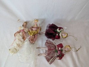 4-Piece Vintage Hanging Angel & Ballerina Doll Ornament Lot  Lace, Feathers & Burgundy Dresses