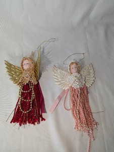 Vintage Red & Gold Angel Tassel Ornament with Feather Accents & Beaded Trim