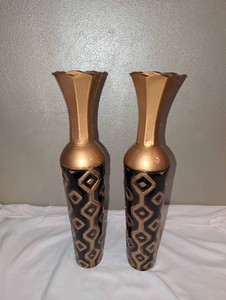 Pair of Tall Black & Gold-Tone Metal Vases  Geometric Design, Approximately 23