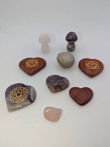 9-Piece Polished Stone & Crystal Lot  Hearts, Mushrooms & Chakra Symbols
