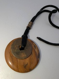 Antique Good Fortune Necklace  Picture Jasper Donut and Chinese Coin Necklace, Black Cord Needs Repair