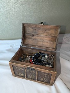 Decorative Wooden Chest Filled with Assorted Vintage and Modern Jewelry