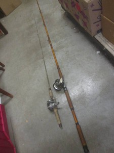 (BSB) Vintage Ocean City No. 143 Fishing Reel on 1950 Bamboo Rod (Missing Tip) and Vinatge Zebco Omega 33 Fishing Reel on Vintage 2pc Fiberglass Rod