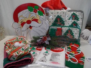 Assorted Holiday Decor Lot with Festive Kitchen Linens and Decor