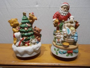 Lot of 2 Musical Christmas Motion Figurines with Santa and Animal Designs