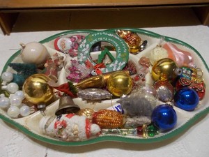 Vintage Christmas Ornament Lot with Divided Tray