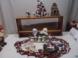 Assorted Christmas Snowman Figurines, Wooden Shelf & Holiday Beaded Garland Lot