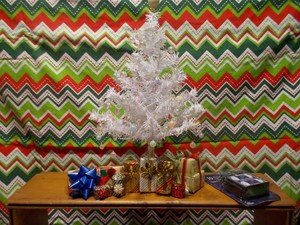 Miniature White Christmas Tree with Wrapped Gift Boxes Tabletop Display