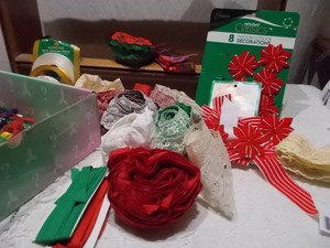 Assorted Holiday Ribbons, Lace Trims & Poinsettia Bows Craft Lot