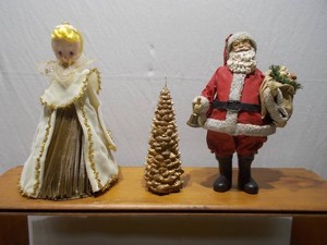 Vintage Christmas Angel, Santa Claus & Golden Tree Figurine Set