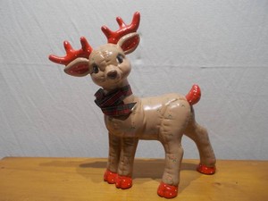 Vintage Ceramic Reindeer Figurine with Plaid Scarf