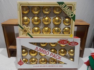 Vintage Pyramid & Coby Gold Glass Jumbo Christmas Ornaments Set