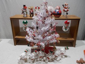 Vintage White Miniature Tabletop Christmas Tree with Holiday Bear Figurines & Ornaments Set