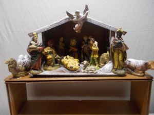Vintage Japan Ceramic Nativity Figurine Set with Wooden Manger Stable