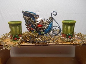 Vintage Decorative Blue Holiday Sleigh, Candle Holders & Beaded Garland Set