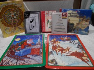 Vintage Christmas Puzzles, Cross-Stitch Craft Kits & Perpetual Calendar Lot