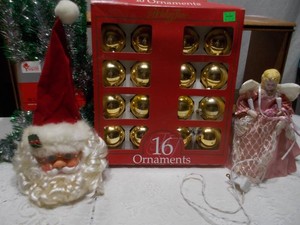 Vintage Gold Ball Ornaments, Santa Face Wall Hanging & Pink Angel Holiday Decor Lot