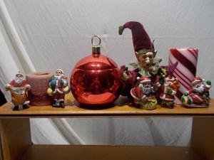 Vintage Red & White Holiday Decor Lot with Large Red Ball, Santas & Whimsical Pixie Figurine