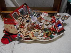 Vintage Christmas Divided Serving Tray Filled with Miniature Ornaments & Holiday Figurines Lot