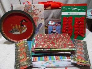 Vintage Christmas Wrapping Paper, Gift Bows, Mallard Duck Tray & Holiday Craft Lot