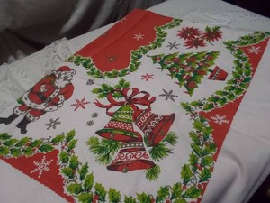 Vintage Christmas Holiday Tablecloth with Poinsettia & Holly Design - 58 x 40