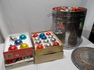 Vintage Glass Christmas Ornaments Lot with Boxed Ball Ornaments & Silver Metal Bucket
