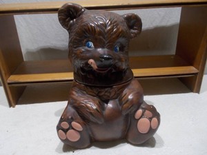 Vintage Brown Pottery Seated Bear Figurine  Trinket Jar or Planter