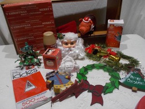 Vintage Christmas Holiday Decor Lot with Icicles, Wreath, Santa Head & Collectibles