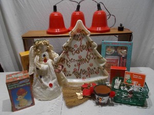 Vintage Christmas Holiday Decor Lot with Ceramic Tree Tray, Red Electric Bells, Angel & Collectibles