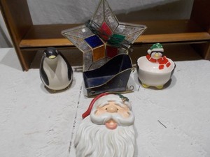 Vintage Christmas Holiday Decor Lot with Santa Head Wall Pocket, Blue Sled & Star Light