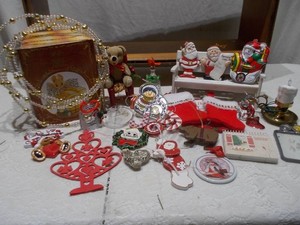 Vintage Christmas Holiday Decor Lot with Teddy Bear, Santa Bench Figurine & Ornaments