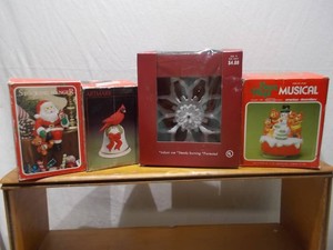Vintage Christmas Holiday Decor Lot with Musical Snowman Box, Cardinal Bell, Santa Stocking Hanger & Snowflake Light