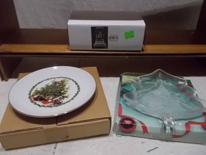 Vintage Christmas Holiday Decor Lot with Tree Plate, Glass Tree Tray & Boxed Collectibles