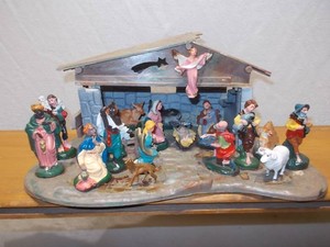 Vintage Christmas Nativity Set with Manger Stable & Ceramic Figurines Lot