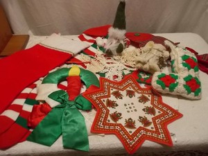Vintage Christmas Stockings, Plush Gnome & Holiday Decor Lot