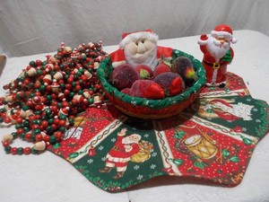 Vintage Christmas Holiday Decor Lot with Santa Figure, Tree Skirt & Beaded Garland