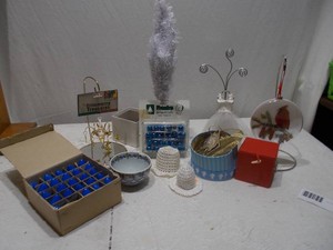 Vintage Christmas Blue & Gold Ornaments, Teacup & Display Stand Lot