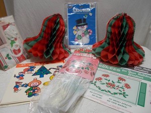 Vintage Christmas Cross-Stitch Kits, Window Clings, Photo Booth Props & Holiday Decor Lot