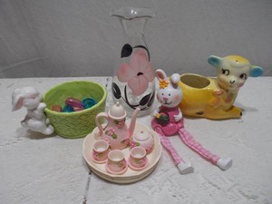 Vintage Spring Bunny Figurine, Ceramic Lamb Planter & Miniature Tea Set Lot
