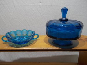 Vintage Blue Glass Covered Candy Dish, Serving Bowl & Collectible Glassware Lot