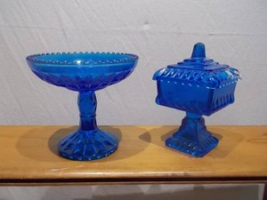 Vintage Blue Glass Pedestal Candy Dish & Footed Comport Lot