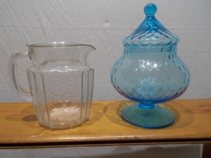 Vintage Clear Glass Pitcher & Blue Pedestal Covered Candy Dish Lot