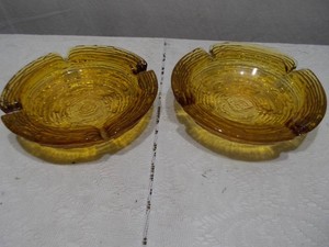Vintage Amber Glass Ashtray Lot  Pair of Mid-Century Textured Round Dishes
