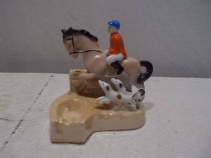 Vintage Japanese Ceramic Equestrian Fox Hunt Ashtray  Horse & Hounds Figural Piece