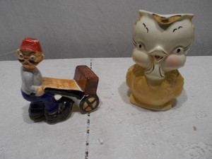 Vintage Ceramic Figural Pitcher & Novelty Fez Hat Vendor Figurine Lot