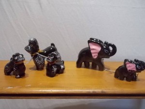 Vintage Chained Ceramic Figurine Lot Black Poodles & Pink-Eared Elephants