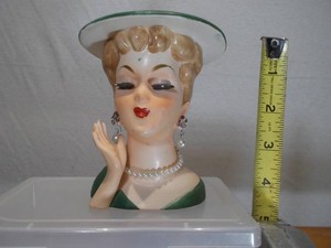 Vintage Ceramic Lady Head Vase Planter with Green Hat