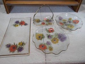 Vintage Floral Glass Serving Tray, Pedestal Bowl & Plate Lot
