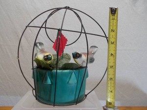 Decorative Teal Ceramic Bird Planter with Black Wire Orb Cage